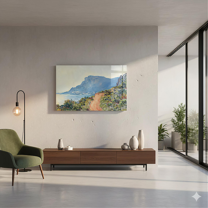 Claude Monet Monaco Corniche Kıyı Yolu Cam Tablo - Modern Salon Görünümü Claude Monet Monaco Corniche Kıyı Yolu yatay temperli cam tablo modelinin modern salon ve yaşam alanı duvar dekorasyonu görünümü