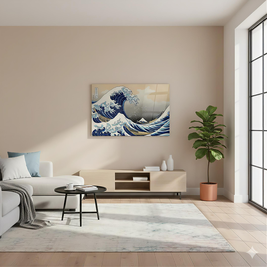 Katsushika Hokusai Büyük Kanagawa Dalgası Cam Tablo - Çalışma Odası ve Ofis Görünümü Katsushika Hokusai Büyük Kanagawa Dalgası yatay temperli cam tablo modelinin çalışma odası ve ofis duvar dekorasyonu görünümü
