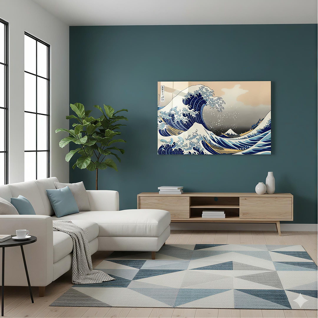 Katsushika Hokusai Büyük Kanagawa Dalgası Cam Tablo - Modern Salon Görünümü Katsushika Hokusai Büyük Kanagawa Dalgası yatay temperli cam tablo modelinin modern salon ve yaşam alanı duvar dekorasyonu görünümü