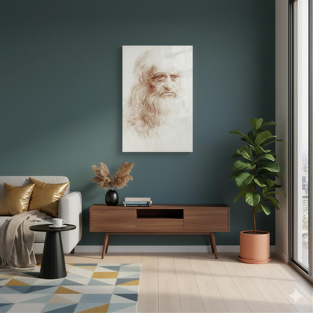 Leonardo da Vinci Klasik Eskiz Otoportre dikey temperli cam tablo modelinin çalışma odası ve ofis duvar dekorasyonu görünümü