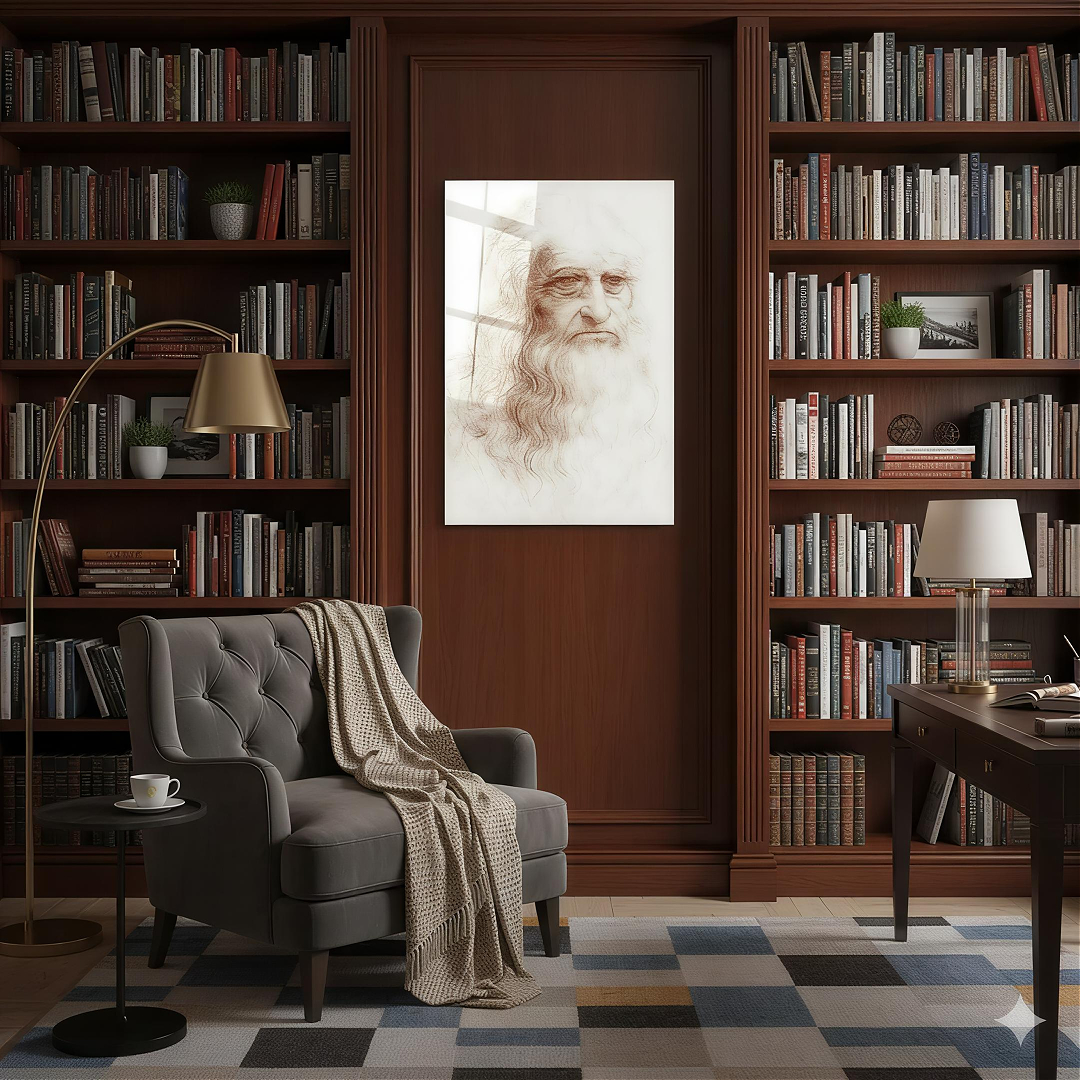 Leonardo da Vinci Klasik Eskiz Otoportre dikey temperli cam tablo modelinin modern salon ve yaşam alanı duvar dekorasyonu görünümü