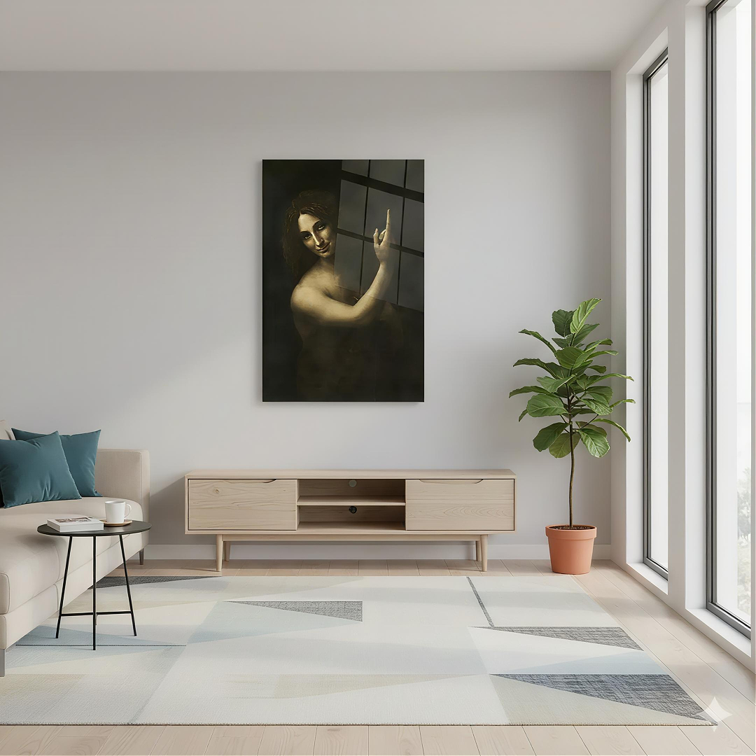 Leonardo da Vinci Vaftizci Yahya Klasik Eser Cam Tablo - Çalışma Odası ve Ofis Görünümü Leonardo da Vinci Vaftizci Yahya Klasik Eser dikey temperli cam tablo modelinin çalışma odası ve ofis duvar dekorasyonu görünümü
