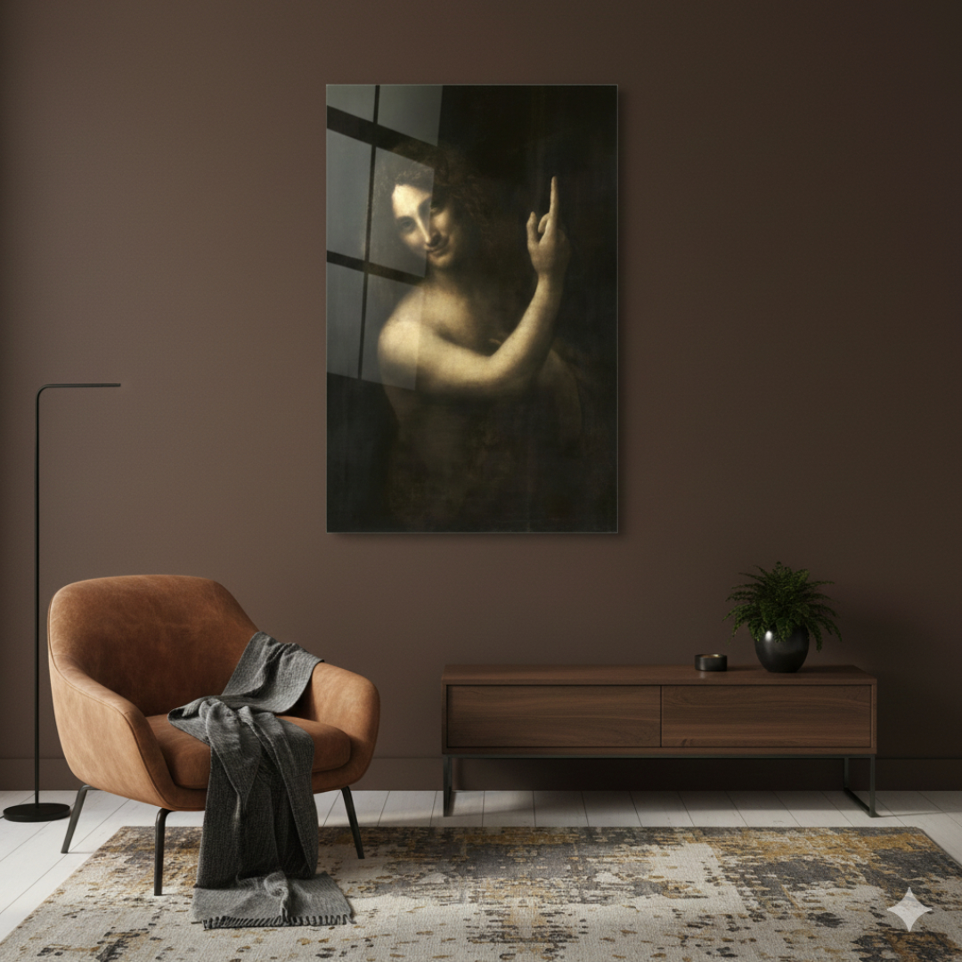 Leonardo da Vinci Vaftizci Yahya Klasik Eser Cam Tablo - İç Mekân Duvar Görünümü Leonardo da Vinci Vaftizci Yahya Klasik Eser dikey temperli cam tablo modelinin ev ve ofis iç mekân duvarı duvar dekorasyonu görünümü