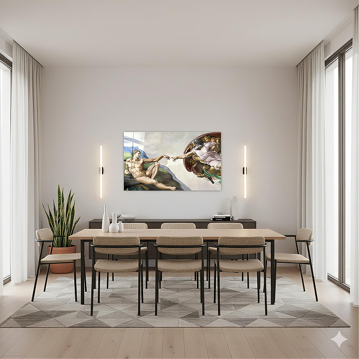 Michelangelo Buonarroti Adem'in Yaratılışı Cam Tablo - Çalışma Odası ve Ofis Görünümü Michelangelo Buonarroti Adem'in Yaratılışı yatay temperli cam tablo modelinin çalışma odası ve ofis duvar dekorasyonu görünümü