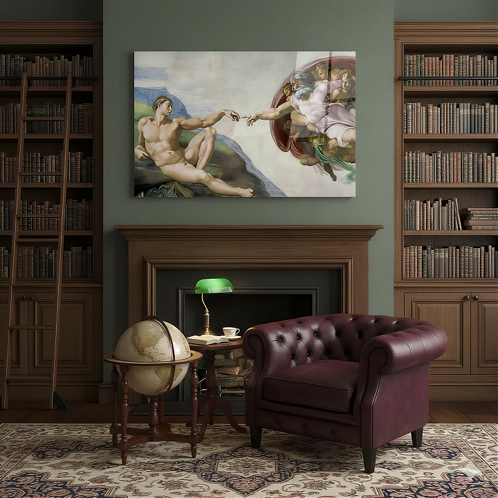 Michelangelo Buonarroti Adem'in Yaratılışı Cam Tablo - Modern Salon Görünümü Michelangelo Buonarroti Adem'in Yaratılışı yatay temperli cam tablo modelinin modern salon ve yaşam alanı duvar dekorasyonu görünümü