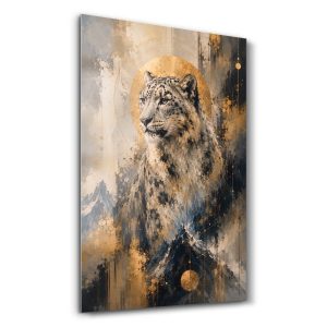 Altın Işıltılı Asil Kar Leoparı - Dikey Temperli Cam Tablo Modelleri ve Fiyatları | Tablobudur