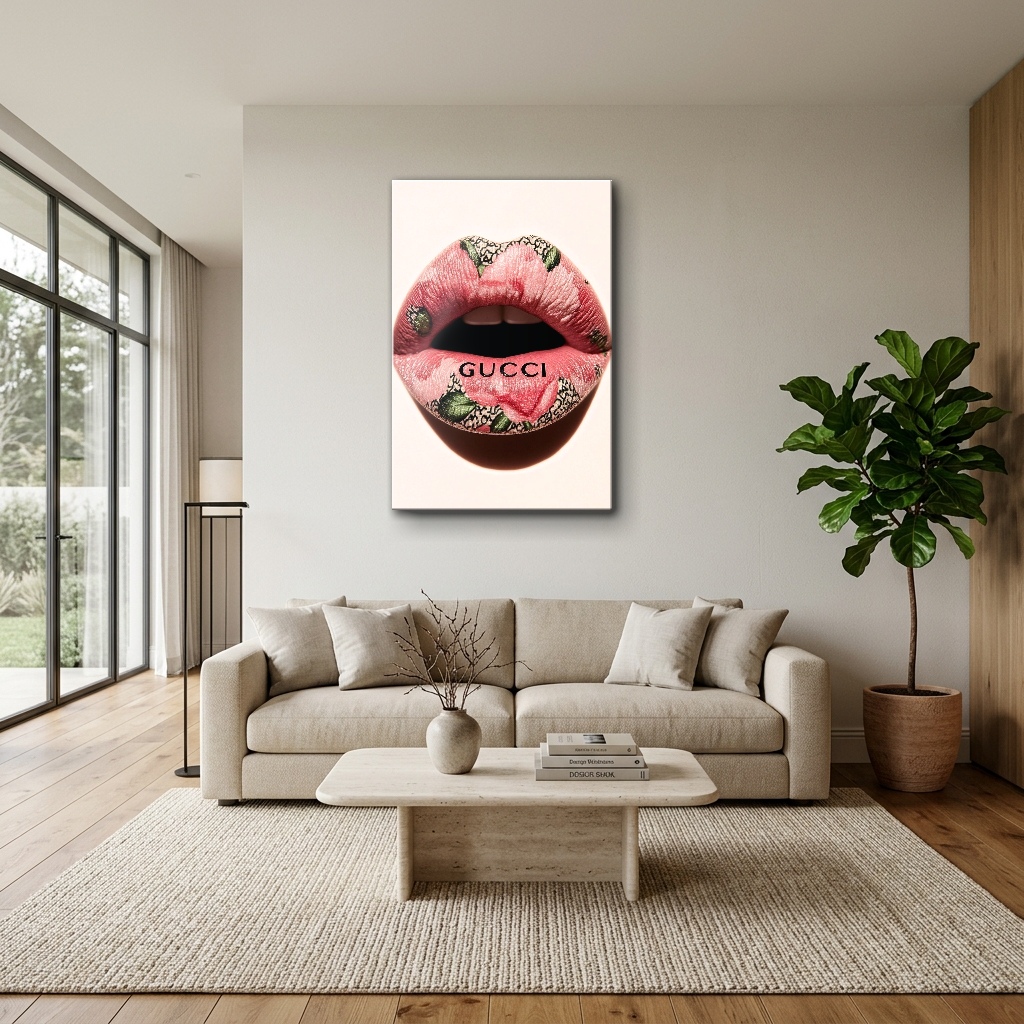 Botanik Çiçek Dokulu Pop Art Dudaklar dikey temperli cam tablo modelinin modern salon ve yaşam alanı duvar dekorasyonu görünümü