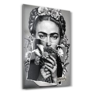 Botanik Taçlı Frida Kahlo Sanat Portresi - Dikey Temperli Cam Tablo Modelleri ve Fiyatları | Tablobudur