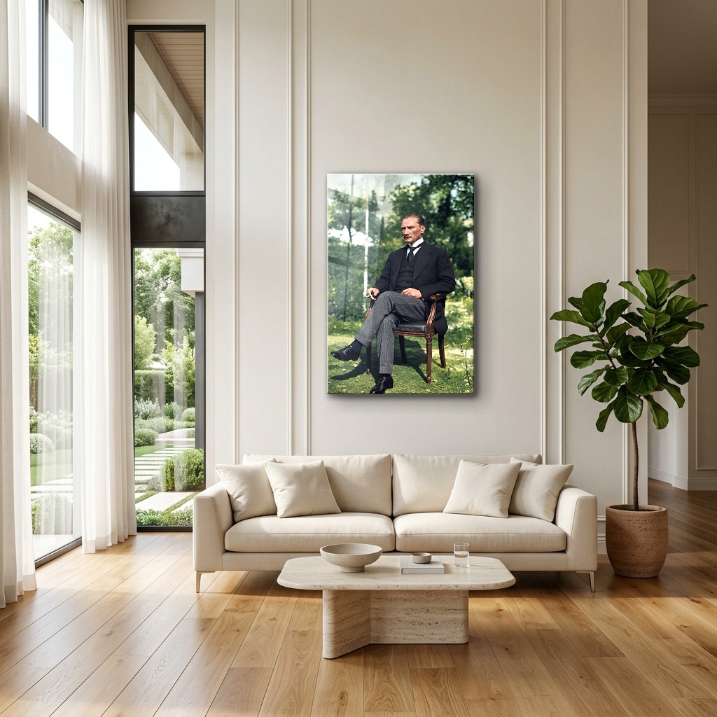 Çankaya Bahçesinde Mustafa Kemal Atatürk dikey temperli cam tablo modelinin modern salon ve yaşam alanı duvar dekorasyonu görünümü