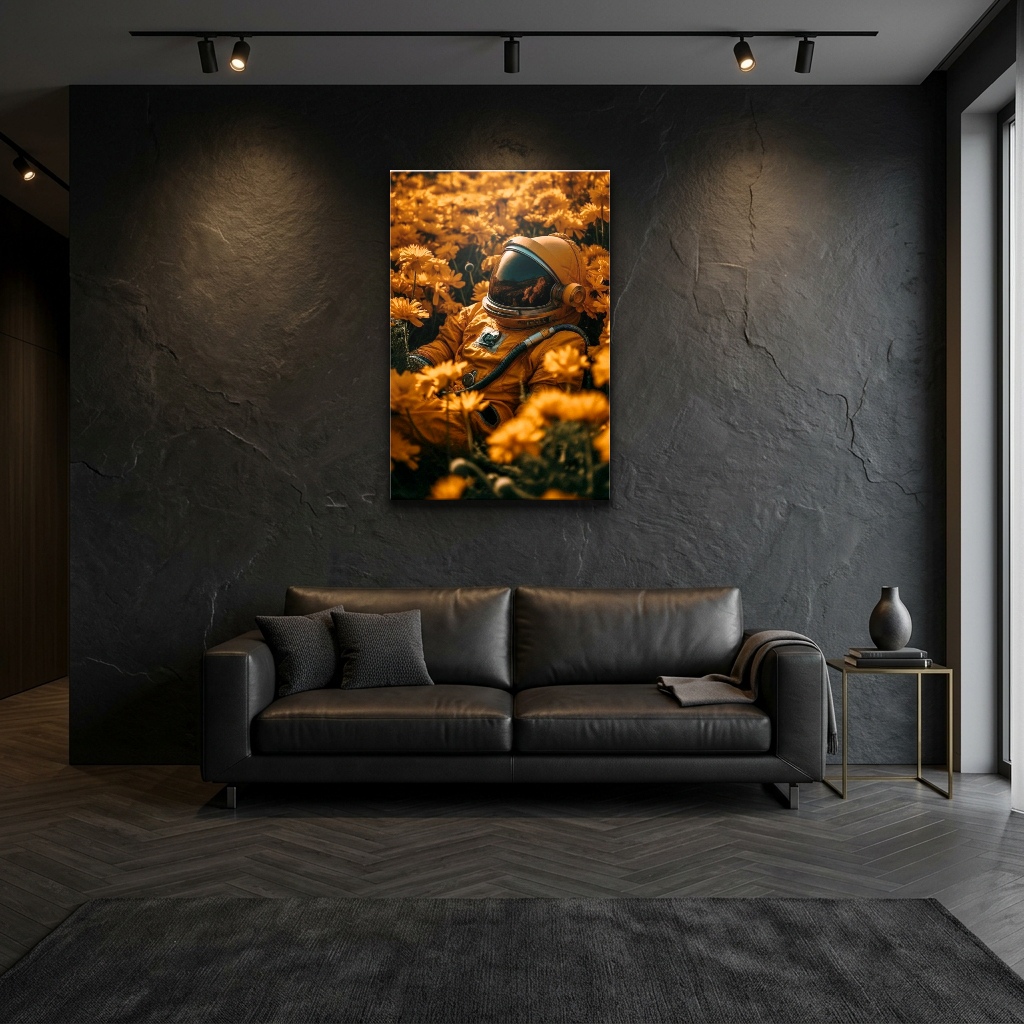 Çiçek Çayırında Sürreal Astronot Cam Tablo - Modern Salon Görünümü Çiçek Çayırında Sürreal Astronot dikey temperli cam tablo modelinin modern salon ve yaşam alanı duvar dekorasyonu görünümü