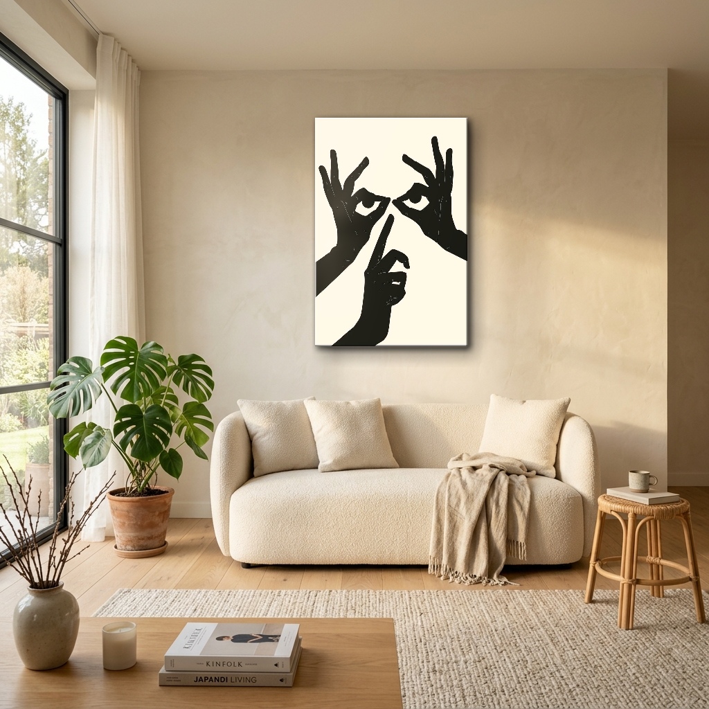 Dinginlik Sembolü Minimalist Eller dikey temperli cam tablo modelinin bohem tarz salon ve oturma odası duvar dekorasyonu görünümü