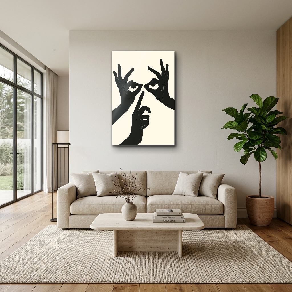 Dinginlik Sembolü Minimalist Eller dikey temperli cam tablo modelinin modern salon ve yaşam alanı duvar dekorasyonu görünümü