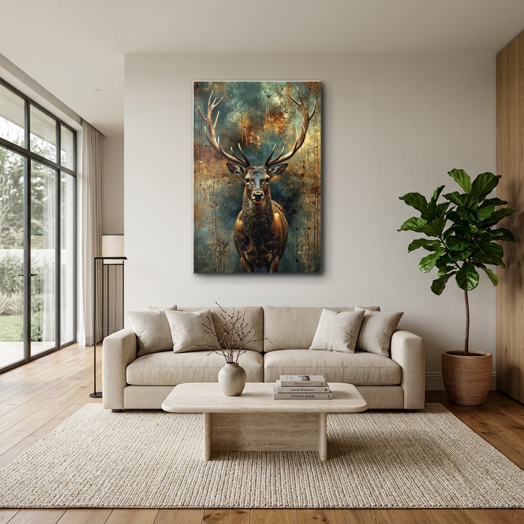 Doğal Yaşamda Görkemli Boynuzlu Geyik Cam Tablo - Modern Salon Görünümü Doğal Yaşamda Görkemli Boynuzlu Geyik dikey temperli cam tablo modelinin modern salon ve yaşam alanı duvar dekorasyonu görünümü
