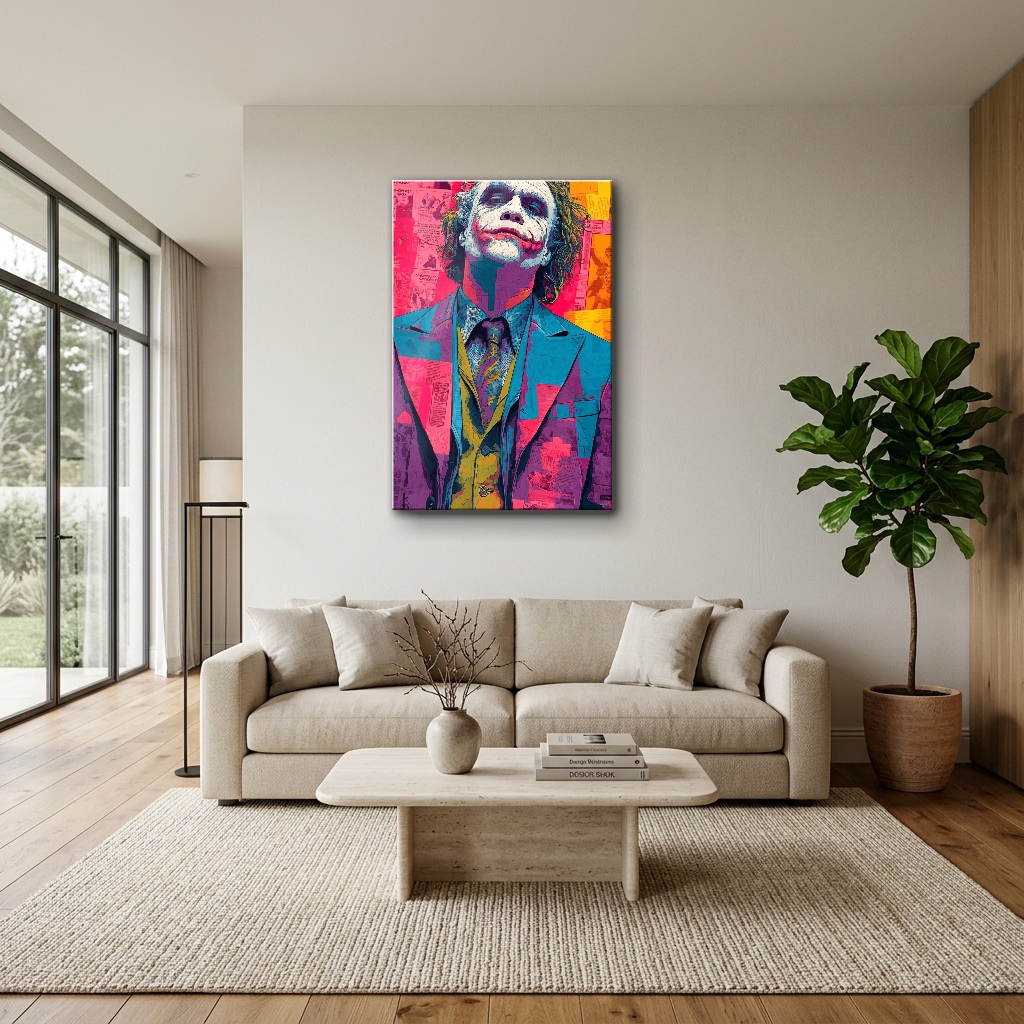 Ekspresyonist Renk Patlaması Portre dikey temperli cam tablo modelinin modern salon ve yaşam alanı duvar dekorasyonu görünümü