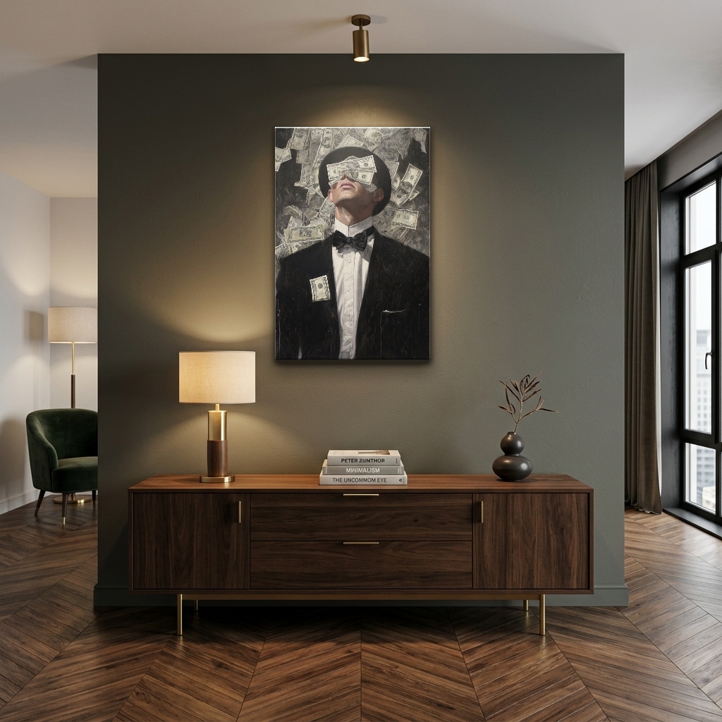 Finans Dünyası Sürreal Centilmen Cam Tablo - Çalışma Odası ve Ofis Görünümü Finans Dünyası Sürreal Centilmen dikey temperli cam tablo modelinin çalışma odası ve ofis duvar dekorasyonu görünümü