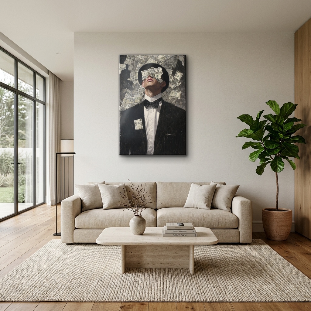 Finans Dünyası Sürreal Centilmen Cam Tablo - Modern Salon Görünümü Finans Dünyası Sürreal Centilmen dikey temperli cam tablo modelinin modern salon ve yaşam alanı duvar dekorasyonu görünümü