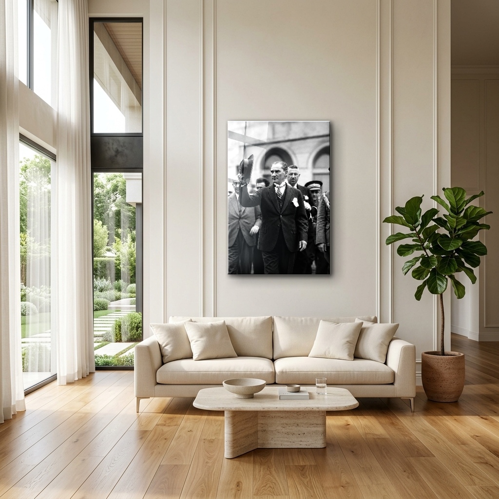 Fötr Şapkasıyla Selam Veren Atatürk dikey temperli cam tablo modelinin modern salon ve yaşam alanı duvar dekorasyonu görünümü