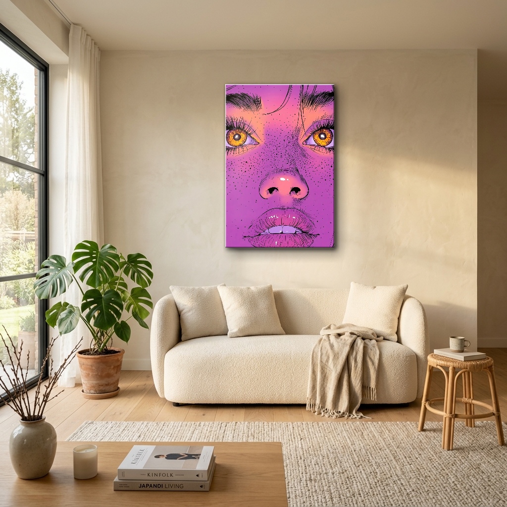 Fuji Pembe Tonlu Pop Art Kadın Portresi Cam Tablo - Bohem Salon Görünümü Fuji Pembe Tonlu Pop Art Kadın Portresi dikey temperli cam tablo modelinin bohem tarz salon ve oturma odası duvar dekorasyonu görünümü