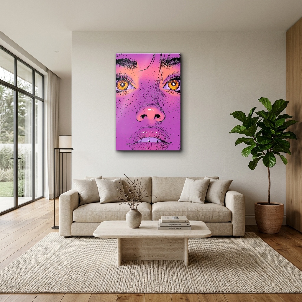 Fuji Pembe Tonlu Pop Art Kadın Portresi Cam Tablo - Modern Salon Görünümü Fuji Pembe Tonlu Pop Art Kadın Portresi dikey temperli cam tablo modelinin modern salon ve yaşam alanı duvar dekorasyonu görünümü