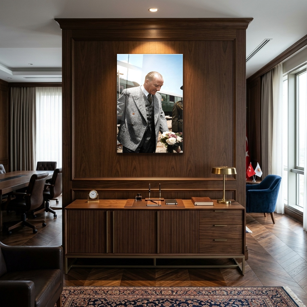 Gar Karşılamasında Çiçeklerle Atatürk Cam Tablo - Çalışma Odası ve Ofis Görünümü Gar Karşılamasında Çiçeklerle Atatürk dikey temperli cam tablo modelinin çalışma odası ve ofis duvar dekorasyonu görünümü