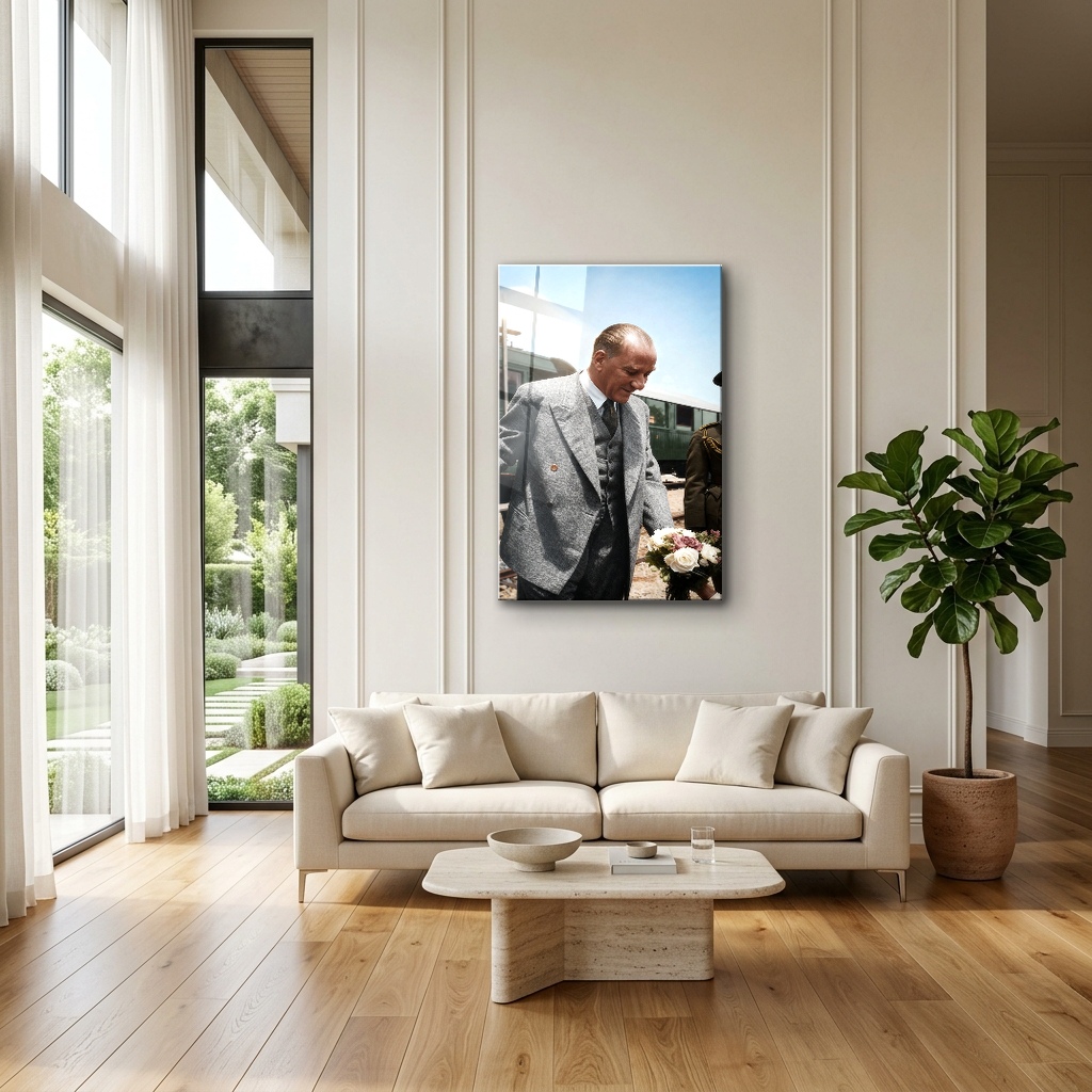 Gar Karşılamasında Çiçeklerle Atatürk Cam Tablo - Modern Salon Görünümü Gar Karşılamasında Çiçeklerle Atatürk dikey temperli cam tablo modelinin modern salon ve yaşam alanı duvar dekorasyonu görünümü