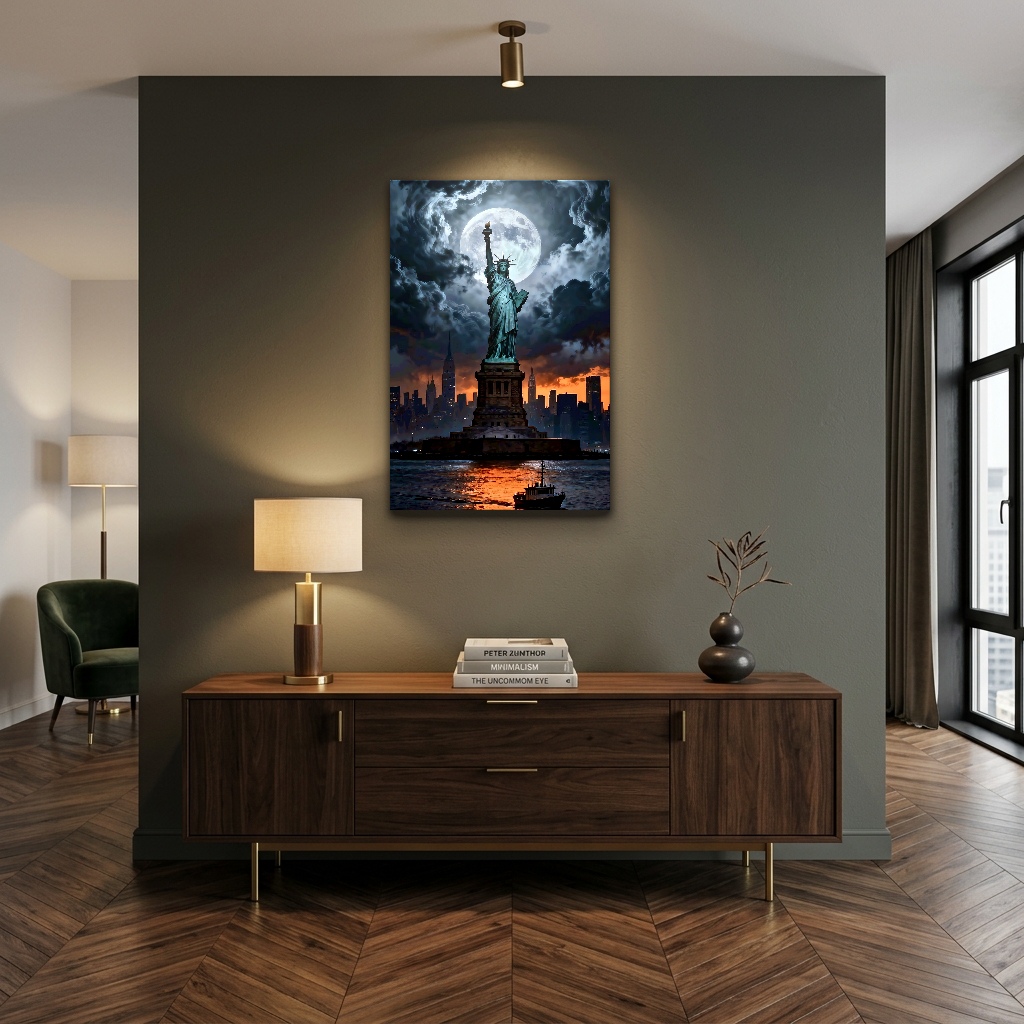 Gece Mehtabında New York Özgürlük Anıtı dikey temperli cam tablo modelinin çalışma odası ve ofis duvar dekorasyonu görünümü