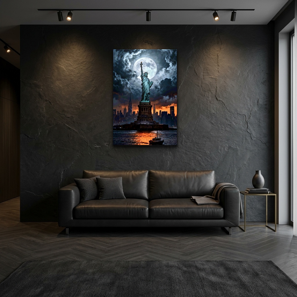Gece Mehtabında New York Özgürlük Anıtı dikey temperli cam tablo modelinin modern salon ve yaşam alanı duvar dekorasyonu görünümü