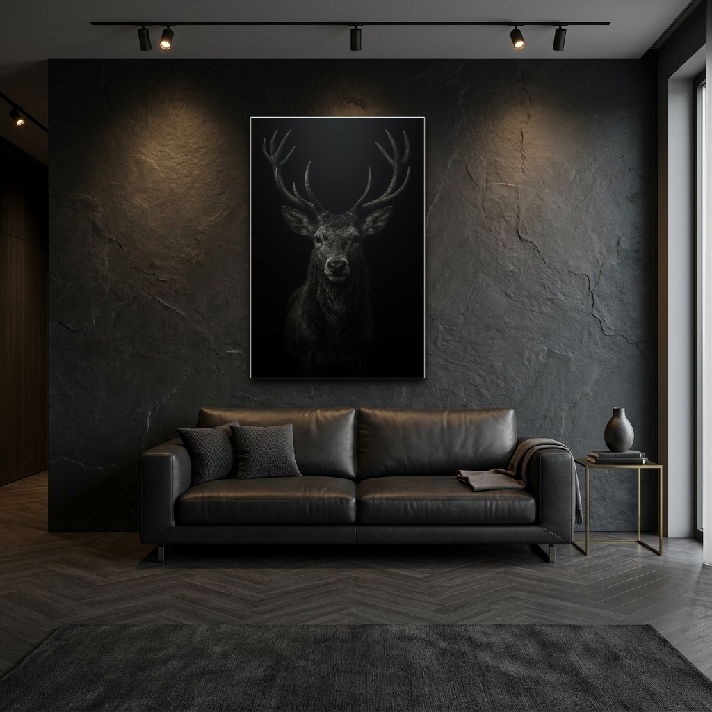 Gece Ormanında Boynuzlu Geyik Silüeti Cam Tablo - Modern Salon Görünümü Gece Ormanında Boynuzlu Geyik Silüeti dikey temperli cam tablo modelinin modern salon ve yaşam alanı duvar dekorasyonu görünümü