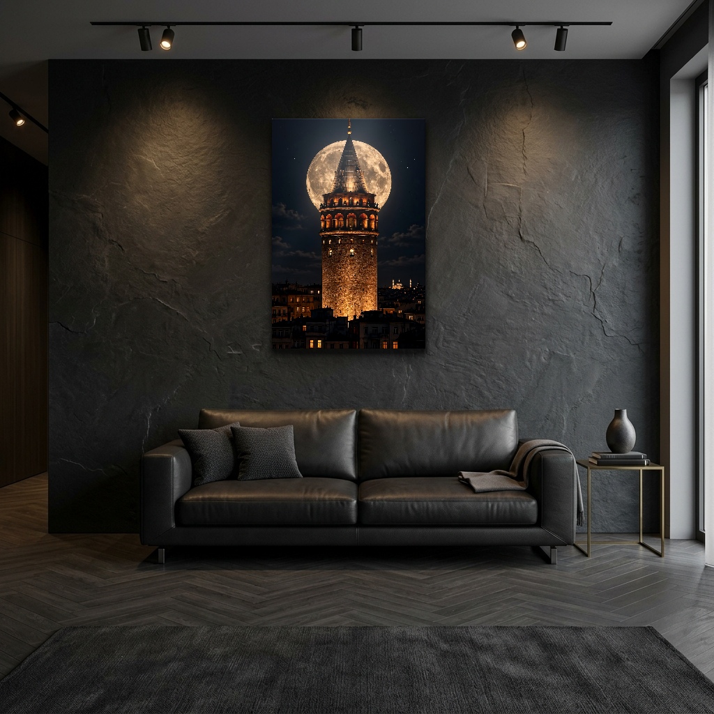 İstanbul Gecesinde Dolunay ve Galata dikey temperli cam tablo modelinin modern salon ve yaşam alanı duvar dekorasyonu görünümü