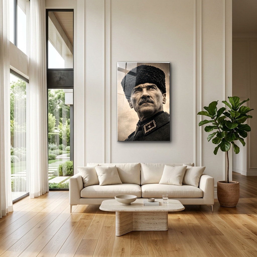 Kalpaklı Başkomutan Mustafa Kemal Portresi dikey temperli cam tablo modelinin modern salon ve yaşam alanı duvar dekorasyonu görünümü