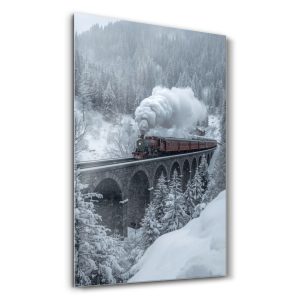 Karlı Viyadükte Klasik Buharlı Ekspres - Dikey Temperli Cam Tablo Modelleri ve Fiyatları | Tablobudur