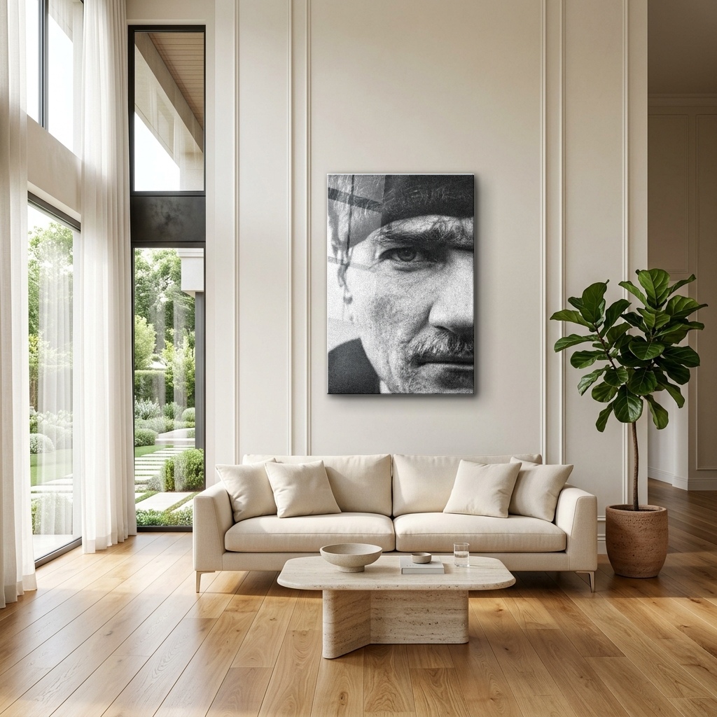 Keskin Bakışlı Monokrom Atatürk Portresi Cam Tablo - Modern Salon Görünümü Keskin Bakışlı Monokrom Atatürk Portresi dikey temperli cam tablo modelinin modern salon ve yaşam alanı duvar dekorasyonu görünümü