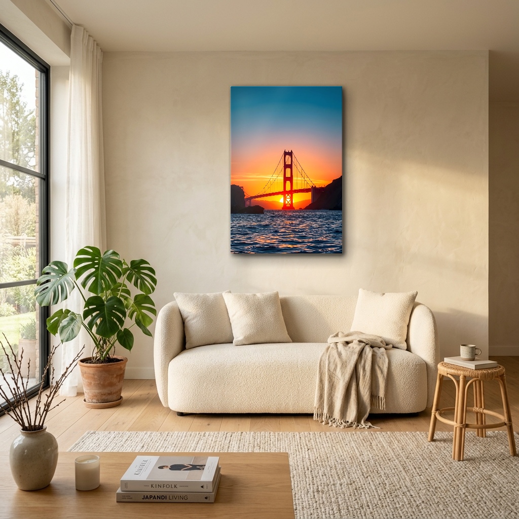 Kızıl Akşamda San Francisco Golden Gate Cam Tablo - Bohem Salon Görünümü Kızıl Akşamda San Francisco Golden Gate dikey temperli cam tablo modelinin bohem tarz salon ve oturma odası duvar dekorasyonu görünümü
