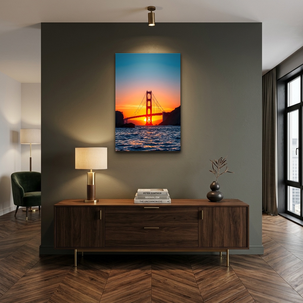 Kızıl Akşamda San Francisco Golden Gate Cam Tablo - Çalışma Odası ve Ofis Görünümü Kızıl Akşamda San Francisco Golden Gate dikey temperli cam tablo modelinin çalışma odası ve ofis duvar dekorasyonu görünümü