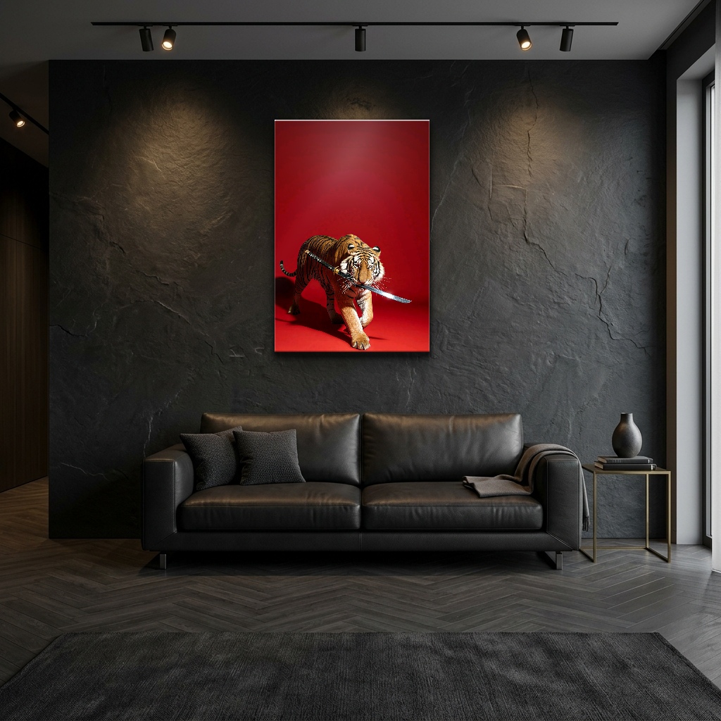Kızıl Fon Üzerinde Heybetli Fil Cam Tablo - Modern Salon Görünümü Kızıl Fon Üzerinde Heybetli Fil dikey temperli cam tablo modelinin modern salon ve yaşam alanı duvar dekorasyonu görünümü