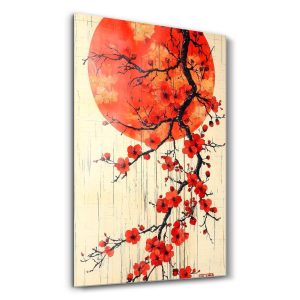 Kızıl Güneş ve Sakura Dalı Kompozisyonu - Dikey Temperli Cam Tablo Modelleri ve Fiyatları | Tablobudur