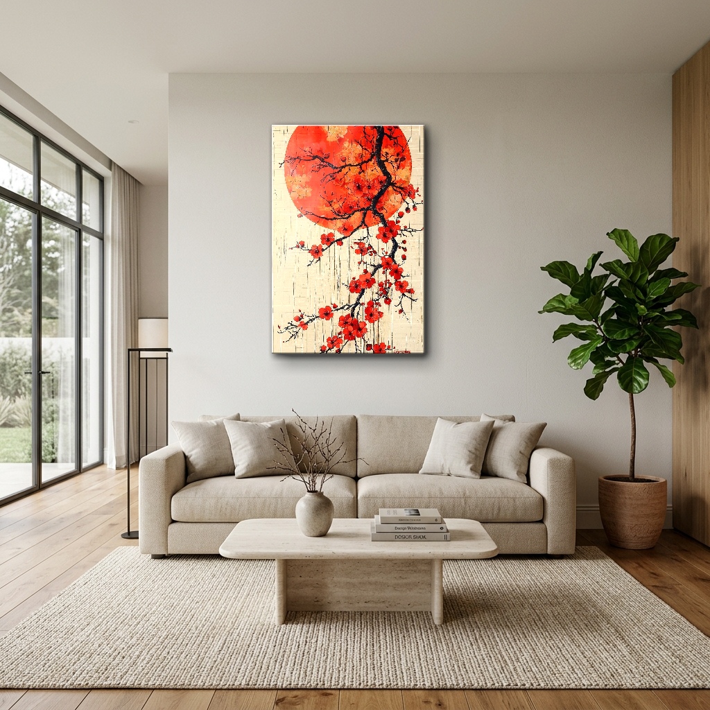 Kızıl Güneş ve Sakura Dalı Kompozisyonu Cam Tablo - Modern Salon Görünümü Kızıl Güneş ve Sakura Dalı Kompozisyonu dikey temperli cam tablo modelinin modern salon ve yaşam alanı duvar dekorasyonu görünümü