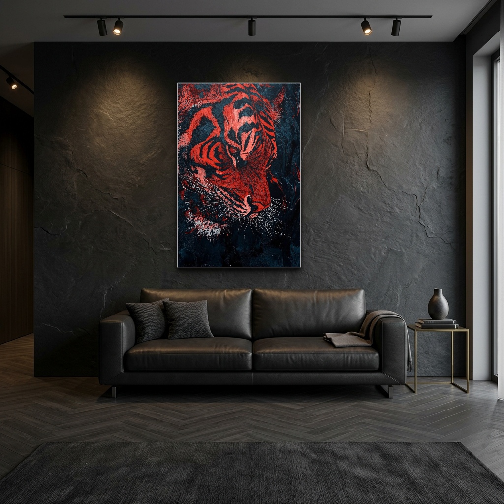 Kızıl ve Siyah Kontrast Kaplan Cam Tablo - Modern Salon Görünümü Kızıl ve Siyah Kontrast Kaplan dikey temperli cam tablo modelinin modern salon ve yaşam alanı duvar dekorasyonu görünümü