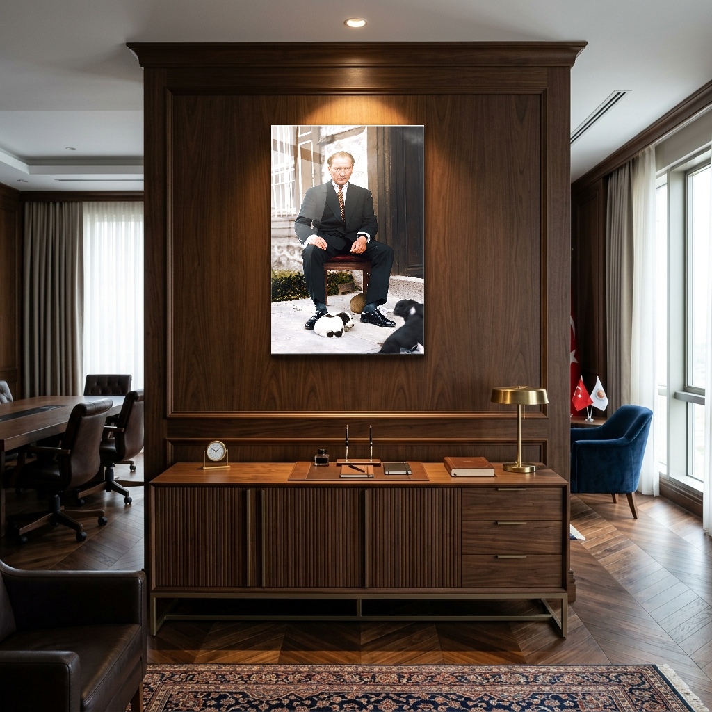 Köşk Verandasında Mustafa Kemal Atatürk Cam Tablo - Çalışma Odası ve Ofis Görünümü Köşk Verandasında Mustafa Kemal Atatürk dikey temperli cam tablo modelinin çalışma odası ve ofis duvar dekorasyonu görünümü