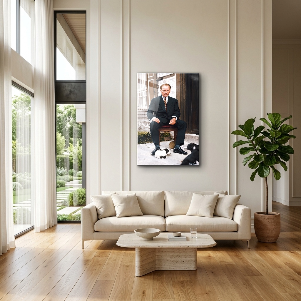 Köşk Verandasında Mustafa Kemal Atatürk Cam Tablo - Modern Salon Görünümü Köşk Verandasında Mustafa Kemal Atatürk dikey temperli cam tablo modelinin modern salon ve yaşam alanı duvar dekorasyonu görünümü
