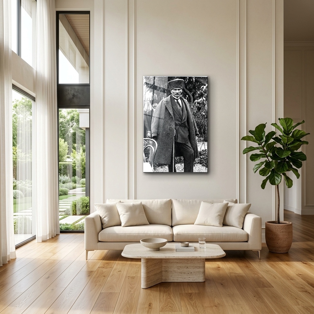 Kurtuluş Yılları Kalpaklı Gazi Portresi Cam Tablo - Modern Salon Görünümü Kurtuluş Yılları Kalpaklı Gazi Portresi dikey temperli cam tablo modelinin modern salon ve yaşam alanı duvar dekorasyonu görünümü