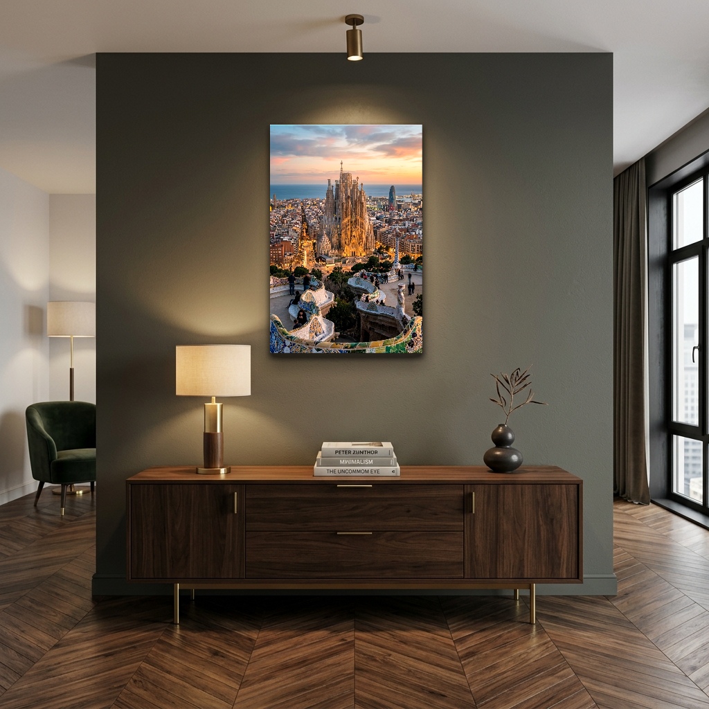 Kuşbakışı Barselona ve Sagrada Familia Cam Tablo - Çalışma Odası ve Ofis Görünümü Kuşbakışı Barselona ve Sagrada Familia dikey temperli cam tablo modelinin çalışma odası ve ofis duvar dekorasyonu görünümü