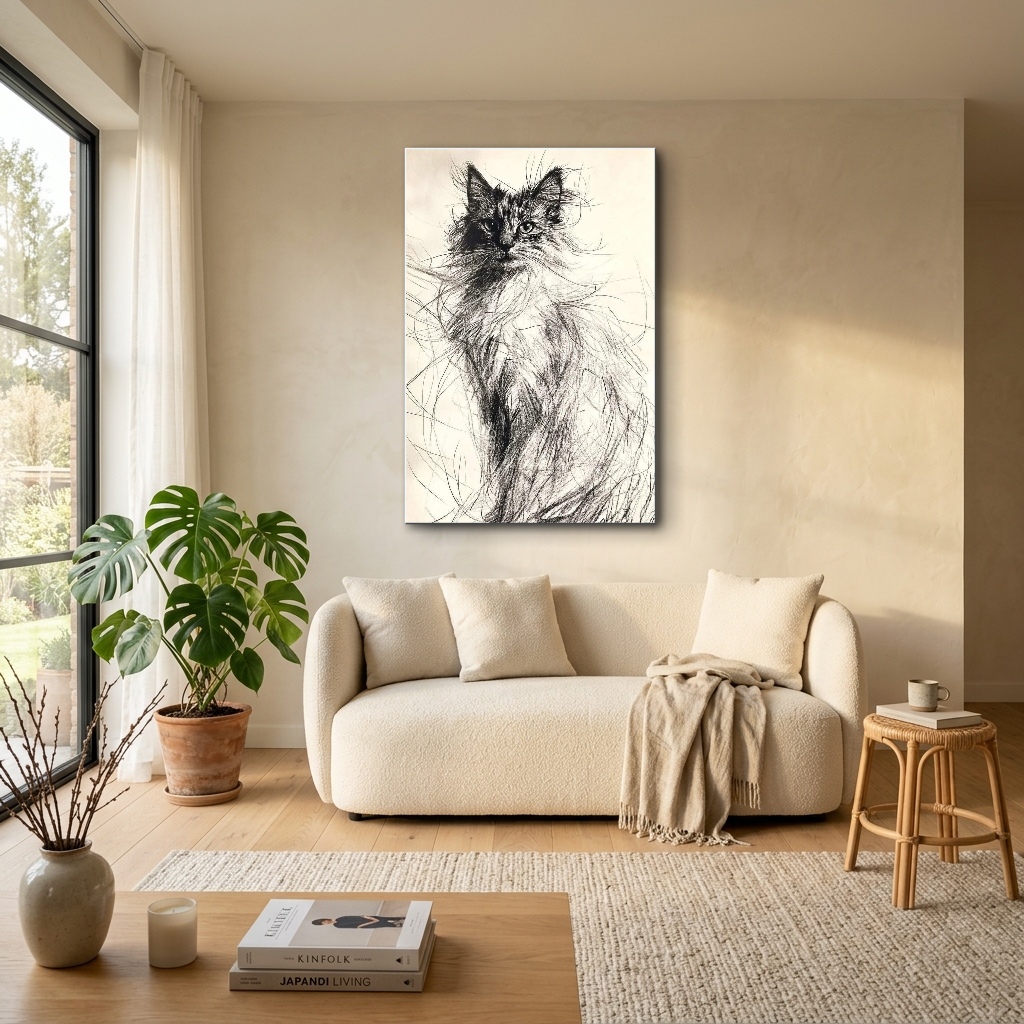 Minimalist Karakalem Kedi Çizimi Cam Tablo - Bohem Salon Görünümü Minimalist Karakalem Kedi Çizimi dikey temperli cam tablo modelinin bohem tarz salon ve oturma odası duvar dekorasyonu görünümü