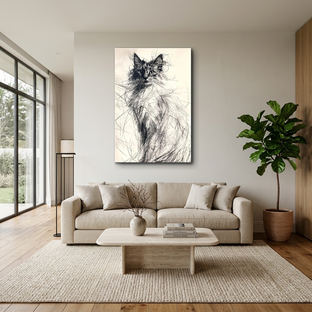 Minimalist Karakalem Kedi Çizimi Cam Tablo - Modern Salon Görünümü Minimalist Karakalem Kedi Çizimi dikey temperli cam tablo modelinin modern salon ve yaşam alanı duvar dekorasyonu görünümü