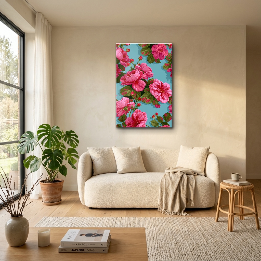 Mint Turkuaz Zeminde Pembe Güller Cam Tablo - Bohem Salon Görünümü Mint Turkuaz Zeminde Pembe Güller dikey temperli cam tablo modelinin bohem tarz salon ve oturma odası duvar dekorasyonu görünümü