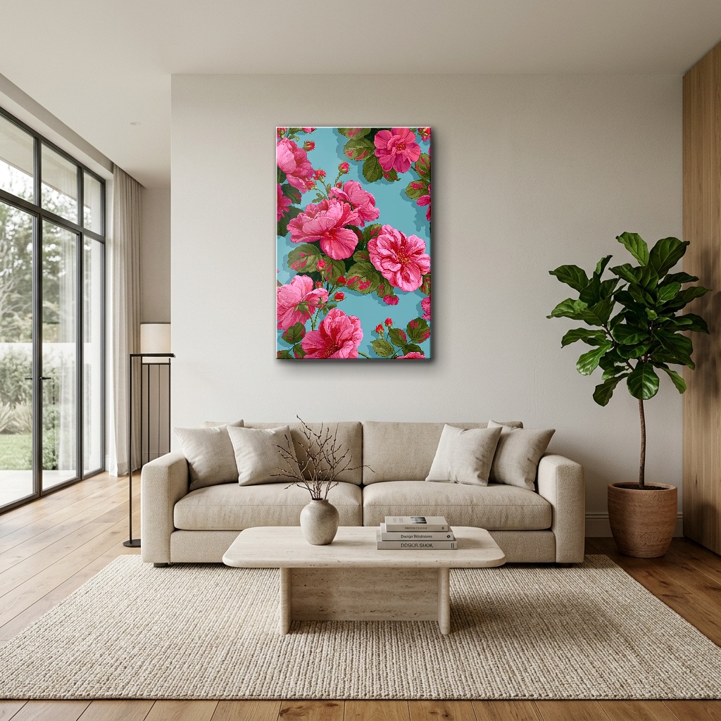 Mint Turkuaz Zeminde Pembe Güller Cam Tablo - Modern Salon Görünümü Mint Turkuaz Zeminde Pembe Güller dikey temperli cam tablo modelinin modern salon ve yaşam alanı duvar dekorasyonu görünümü