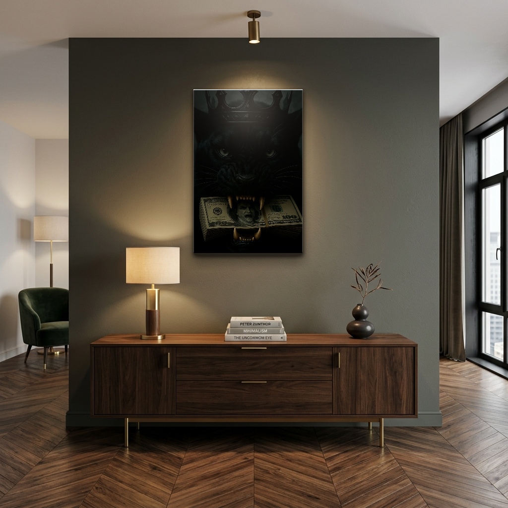 Modern Finans Sembolü Kasa Tasarımı Cam Tablo - Çalışma Odası ve Ofis Görünümü Modern Finans Sembolü Kasa Tasarımı dikey temperli cam tablo modelinin çalışma odası ve ofis duvar dekorasyonu görünümü