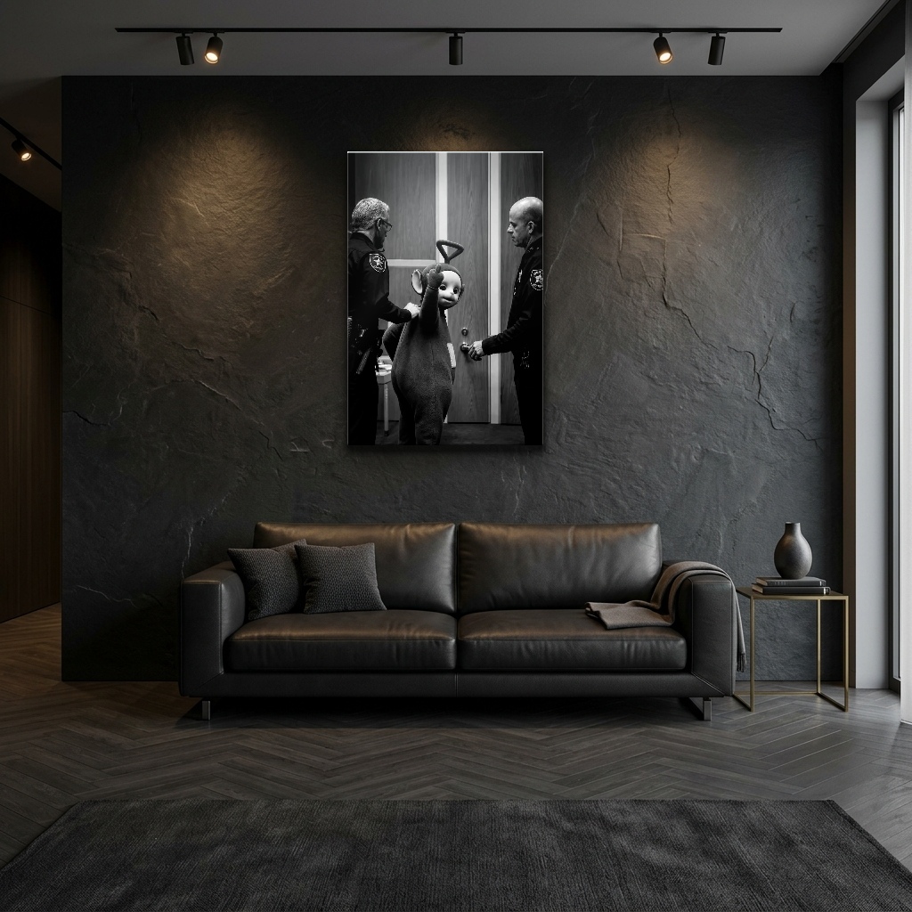 Modern Sanat Müzesi İronik Sahne Cam Tablo - Modern Salon Görünümü Modern Sanat Müzesi İronik Sahne dikey temperli cam tablo modelinin modern salon ve yaşam alanı duvar dekorasyonu görünümü