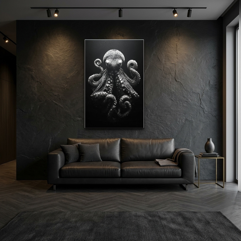 Monokrom Denizaltı Ahtapot Çizimi Cam Tablo - Modern Salon Görünümü Monokrom Denizaltı Ahtapot Çizimi dikey temperli cam tablo modelinin modern salon ve yaşam alanı duvar dekorasyonu görünümü