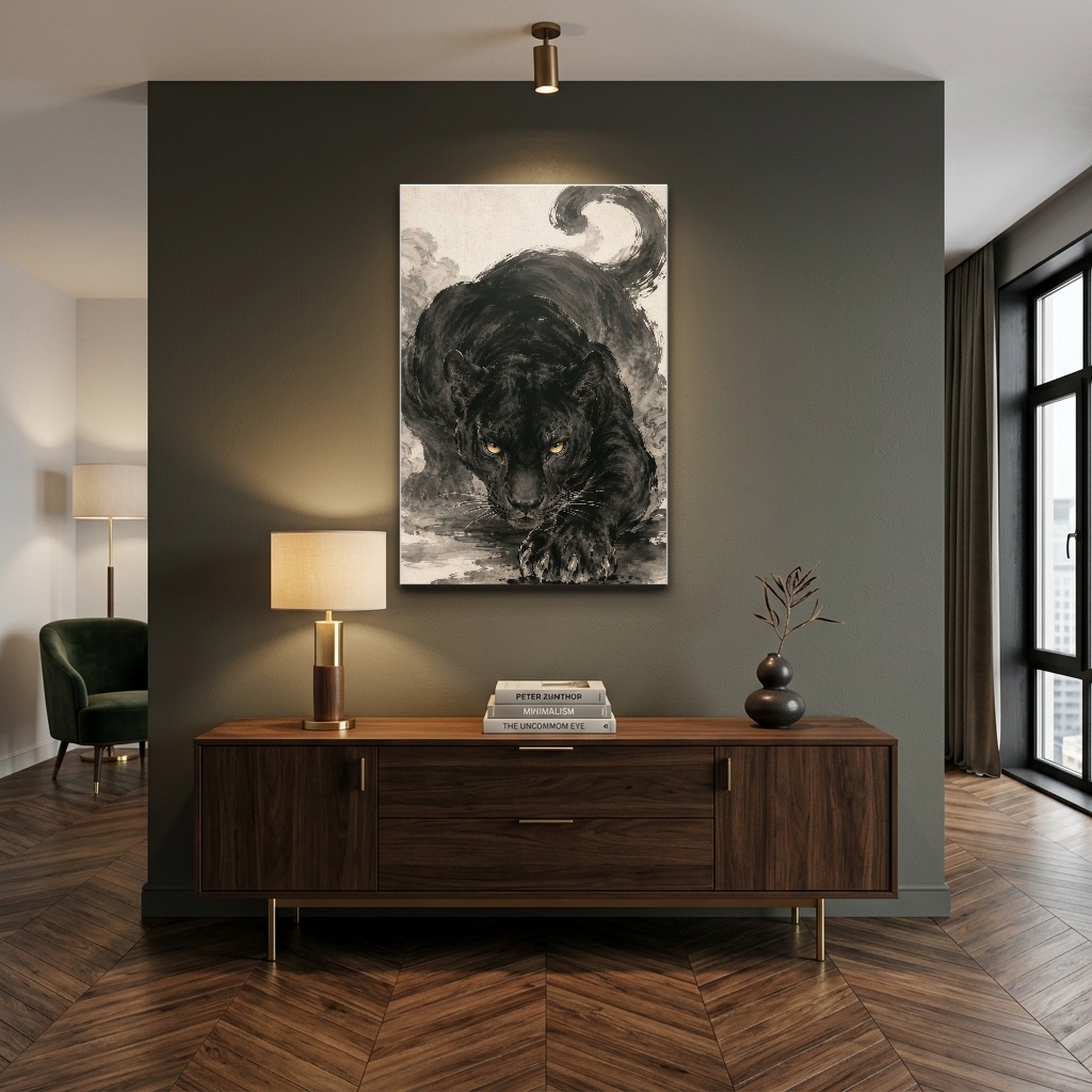 Mürekkep ve Suluboya Dokulu Panter Cam Tablo - Çalışma Odası ve Ofis Görünümü Mürekkep ve Suluboya Dokulu Panter dikey temperli cam tablo modelinin çalışma odası ve ofis duvar dekorasyonu görünümü